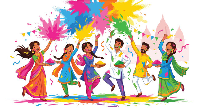 Happy group celebrating holi festival with vibrant colors