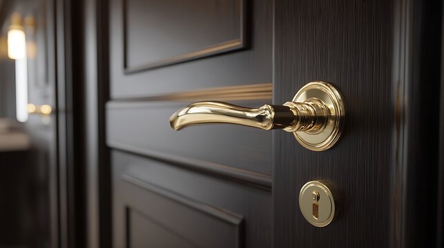 Close up of elegant gold door handle on dark door.