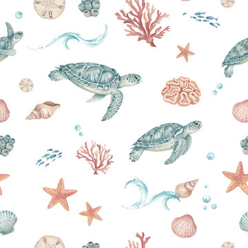 Sea turtles swimming with coral and shells in gentle ocean waves Vector Illustration
