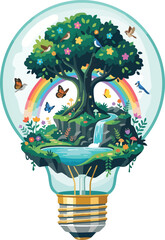 Naklejka premium Nature Inside Light Bulb Vector Illustration | Tree of Life, Rainbow and Eco Sustainability Concept