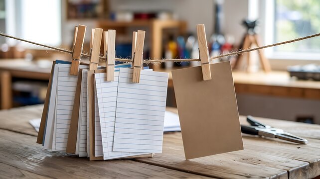 Blank note cards hanging on clothesline with wooden clips for ideas and planning