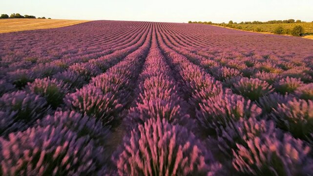 Aerial drone view of blooming lavender fields in provence at sunset, summer floral landscape purple flowers