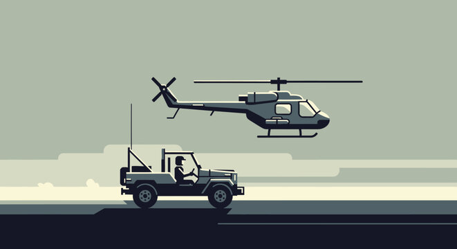 Military Scene: Jeep & Helicopter in Motion - Vector Illustration
