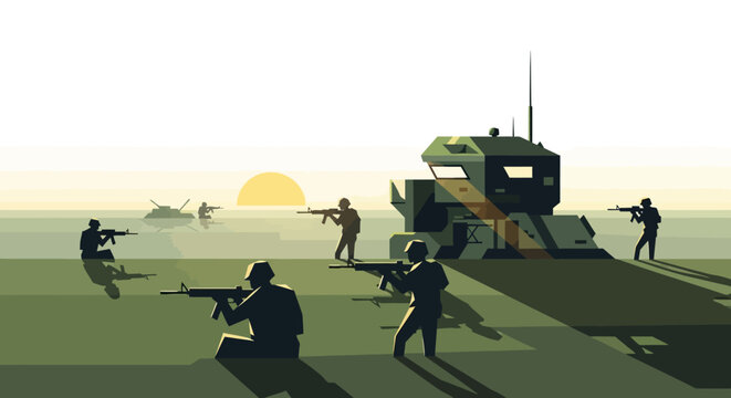 Military Scene: Soldiers with weaponry and war vehicles at sunset