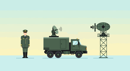 Obraz premium Military Radar Truck and Soldier Silhouette Illustration