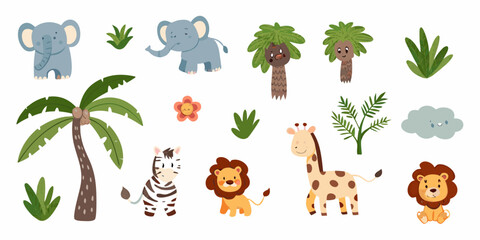 Cartoon Style Wildlife Illustrations Featuring Elephants Giraffes And Lions © Mira