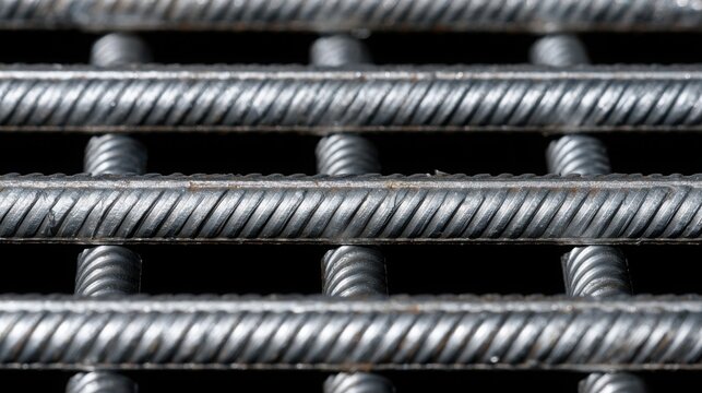 Macro pattern of ribbed reinforcing steel bars arranged in parallel lines, industrial construction texture, metallic reflections, hyper realistic