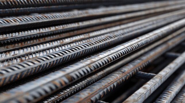 Macro pattern of ribbed reinforcing steel bars arranged in parallel lines, industrial construction texture, metallic reflections, hyper realistic