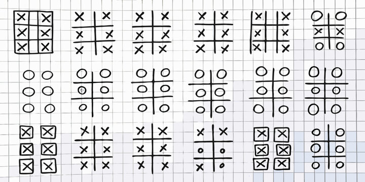 Hand Drawn Tic Tac Toe Boards With Various Game States White Background