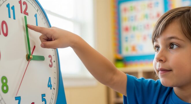 Young boy learning to tell time on classroom clock with colorful numbers and hands. Engaging classroom activity includes child pointing at clock face while focusing on learning hours and minutes.