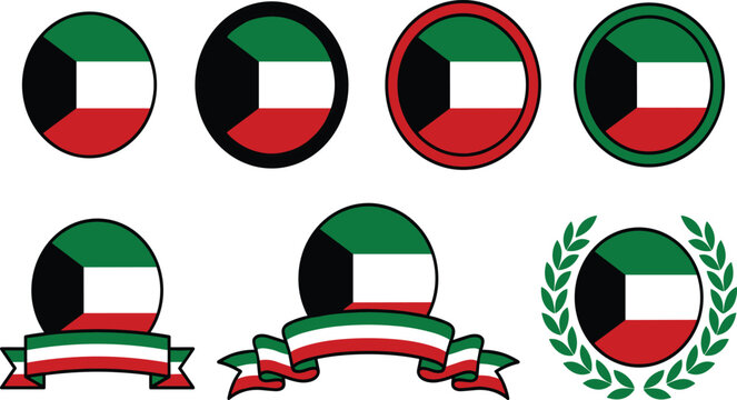 Kuwait Flag Icon and Badge Vector Set with Round Circular Buttons, Decorative Waving Ribbon Banners, and Laurel Wreath Holiday Greeting Elements