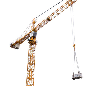 Construction crane lifting cargo isolated on withe background