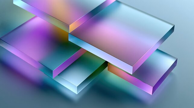 Abstract 3D background featuring overlapping frosted glass panels and colorful blurred gradient in modern glassmorphism UI style for web and presentation design.