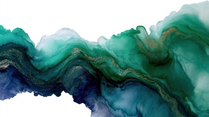 Obraz premium Abstract fluid art watercolor background featuring a horizontal wave of deep emerald green and navy blue stains with metallic gold shimmer on a pure white background with copy space.