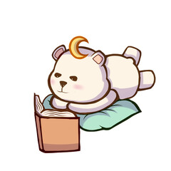 Lazy White Bear Reading Book, Cute Kawaii Chibi Animal Illustration © Artnares99
