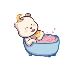 Sleepy White Bear Enjoying Bubble Bath, Cozy Kawaii Chibi Illustration © Artnares99