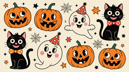 Naklejka premium Cute retro Halloween characters including smiling pumpkins, black cats, and friendly ghosts for festive designs