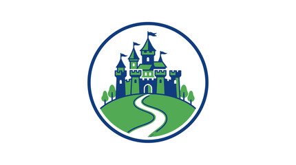 Fairytale castle logo icon on a hill with winding path, green and blue. © rara