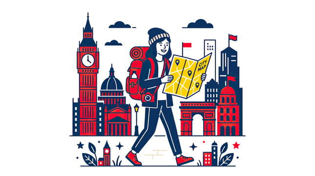 Traveler with map and backpack exploring London landmarks illustration