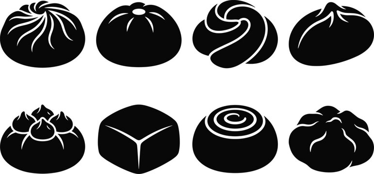 Asian Steamed Bun Silhouette Collection with Traditional Dim Sum and Bao Vector Icons