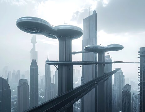 Futuristic city with sky-high structures and transport
