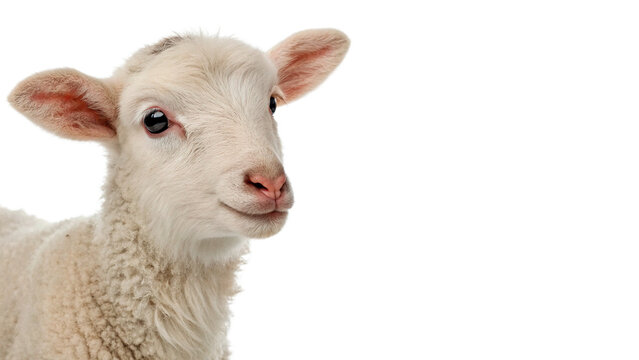 Cute small furry domestic lamb sheep standing isolated on transparent background cut out
