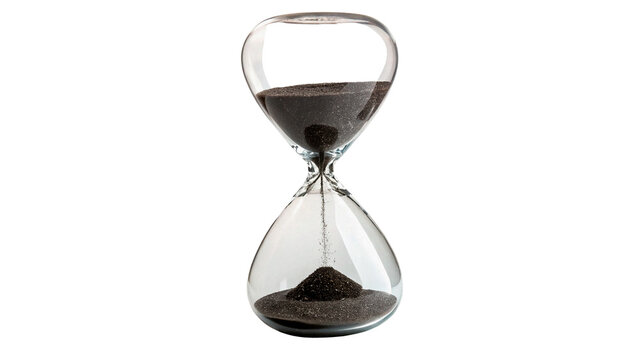Classic clear glass hourglass sand timer with flowing black sand isolated on transparent background cut out