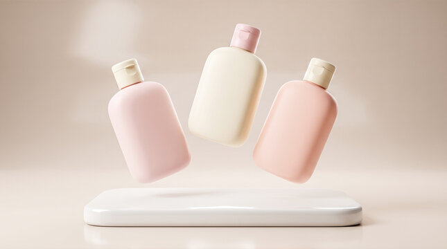 Cosmetic plastic bottles floating above glossy white podium on beige pastel background for blank beauty product mockup display presentation concept