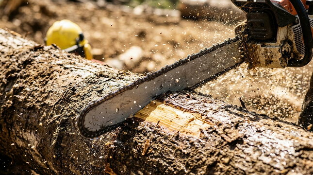 Chainsaw cutting large wooden log with flying wood chips in sunny forest environment, essential for timber harvesting operations.