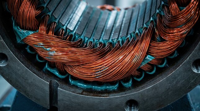 Electric motor stator with intricate copper windings, showcasing essential components for power and industrial technology.