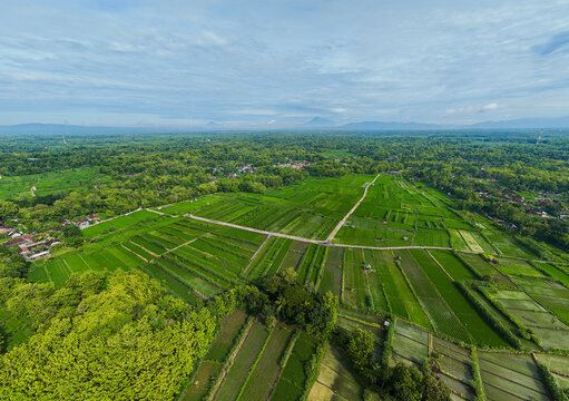 Drone view of a peaceful countryside valley, agricultural fields
