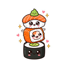 Kawaii sushi stack vector illustration cute cartoon maki nigiri tower character asian food clip art collection for kids pattern design © MDLITON