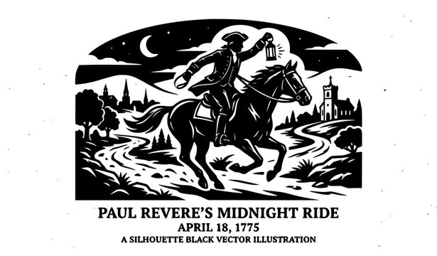 Historical Paul Revere Riding Horse Black Silhouette Vector Clipart