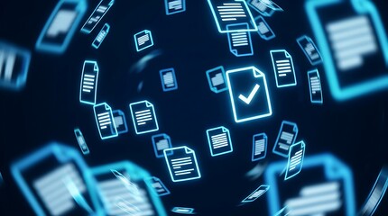 Fototapeta premium Flying digital document files with checkmarks in dark cyber space for paperless workflow and data management