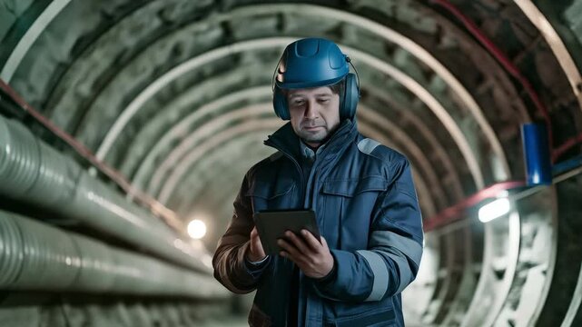 Engineer Using Digital Tablet in Underground Tunnel