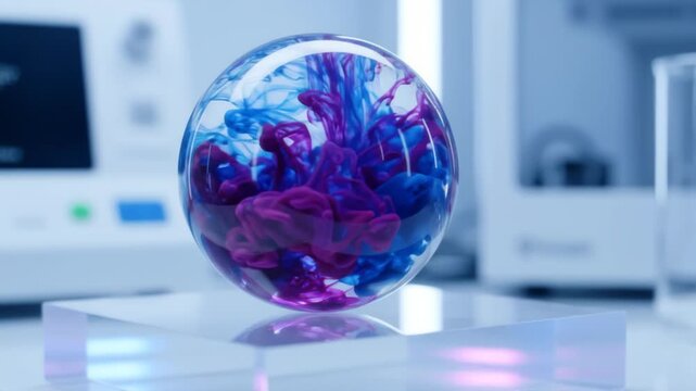 Abstract blue and purple ink clouds swirling inside a glass sphere on a clean laboratory pedestal. Scientific experiment visualization with liquid diffusion in slow motion.