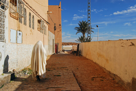 Algeria, Melika, rear view of person wearing traditional attire walking on alley by building with palm tree in background