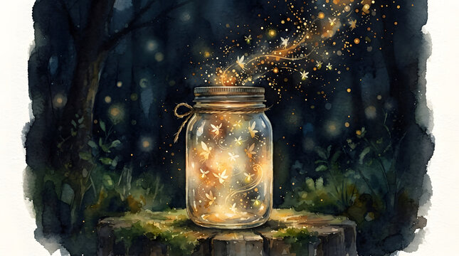 watercolor magical mason jar with glowing fireflies and fairies emitting warm stardust light in an enchanted night forest
