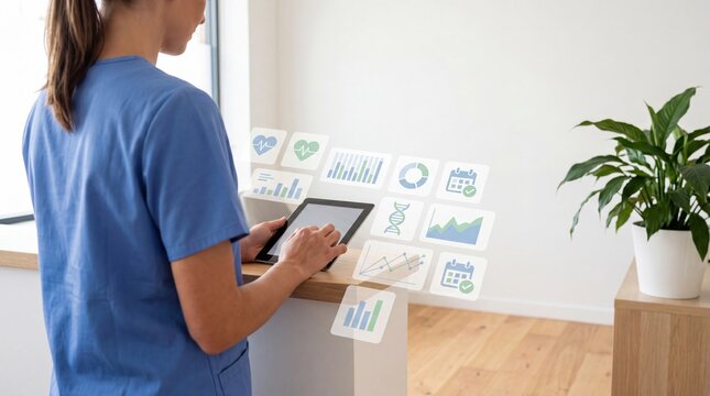 Nurse using tablet with floating health statistics icons, medical data management concept, healthcare professional checking patient records and charts