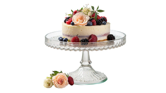 Luxury layered celebration cake with fresh berries on glass stand isolated on transparent background