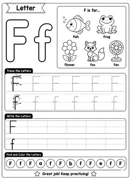 Alphabet Ff Handwriting Practice Worksheet with Fish, Frog, Flower, Fox, and Fan Illustrations