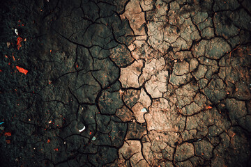 Naklejka premium Close-up of cracked dry earth and parched soil showing deep fissures and rough texture, conveying drought, aridity and environmental stress