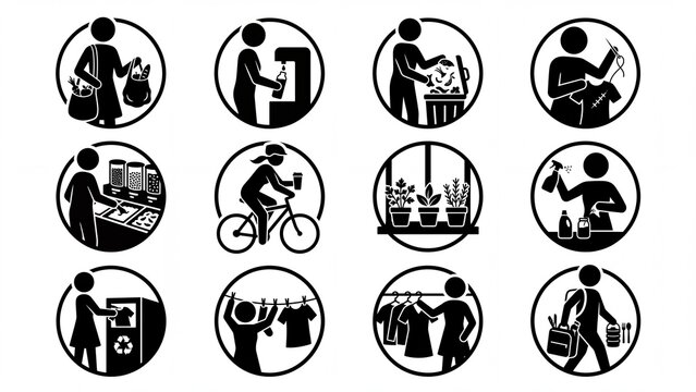 Collection of eco-friendly daily activities icons featuring simple black and white stick figures ideal for sustainable lifestyle infographics