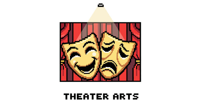 Pixel art illustration of the classic comedy and tragedy theater masks.