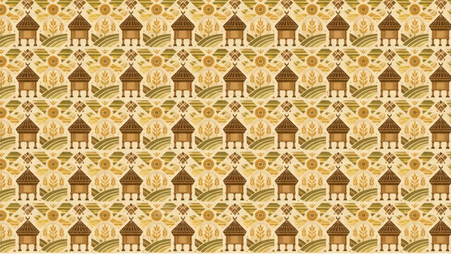 Traditional Indonesian Rice Barn and Agriculture Seamless Pattern, Luxury Ethnic Geometric Background