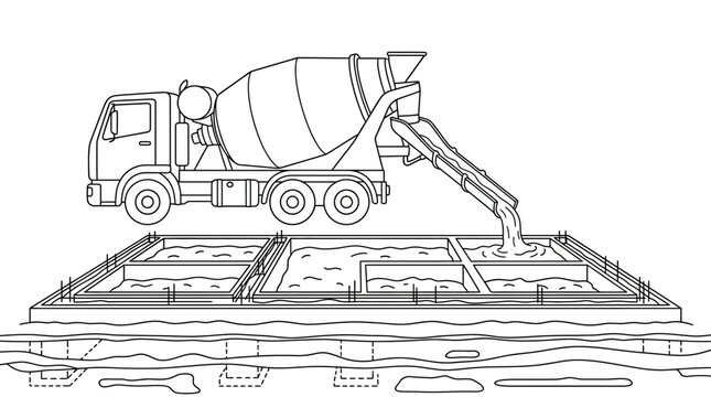 Cement mixer truck pouring concrete into building foundation line art illustration for coloring page and educational use.