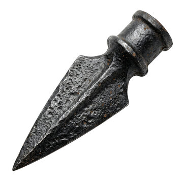 Ancient blacksmith wrought iron spearhead with rustic finish isolated on transparent background