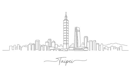 Obraz premium Taipei skyline, Taiwan, single line drawing, modern city architecture, landmark illustration
