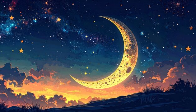 A stylized crescent moon in a night sky, with stars, clouds, and a gradient sunset