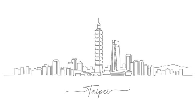 Taipei skyline, Taiwan, single line drawing, modern city architecture, landmark illustration